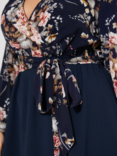 Plus Size V Neck Floral Print Belt Design Patchwork Dress
